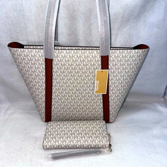 Michael Kors MK Pratt Lg Signature Logo Tote Bag & Continental Wristlet Vanilla - Picture 3 of 6